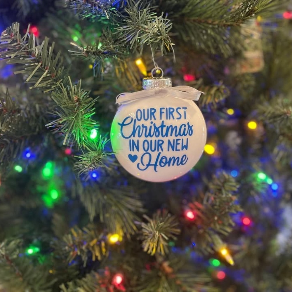 Our First Christmas in New Home Ornament Blue White 3.5" Round Glass